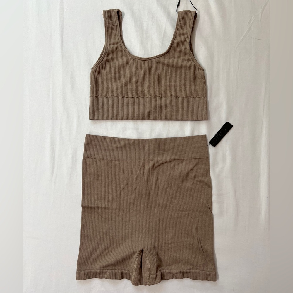 SKIMS Stretch Rib Ribbed Sports Bra Bralette + Mini Shorts Short Set
